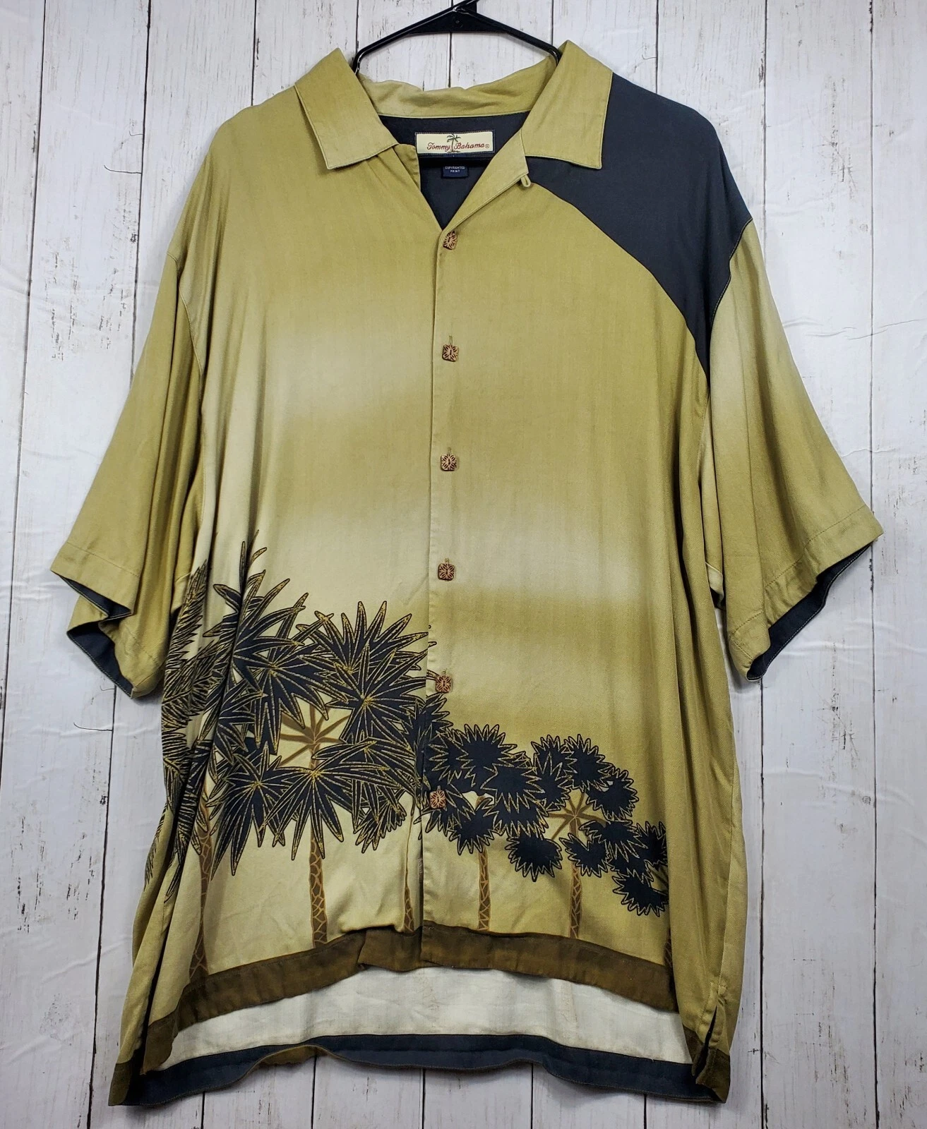 Tommy Bahama Button Down Shirt XL Tan Black Palm Leaf Hawaii Silk Short Sleeve