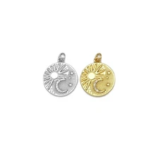 CZ Micro Pave Sun Cresent Moon Star On Round Coin Shape Pendant,18k Gold Filled