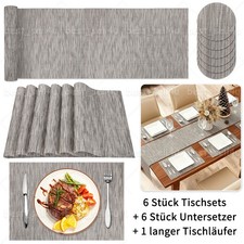 13-tlg. Tischsets-Set in Grau waschbar, rutschfest 6 Untersetzer, 1 Tischl&auml;ufer