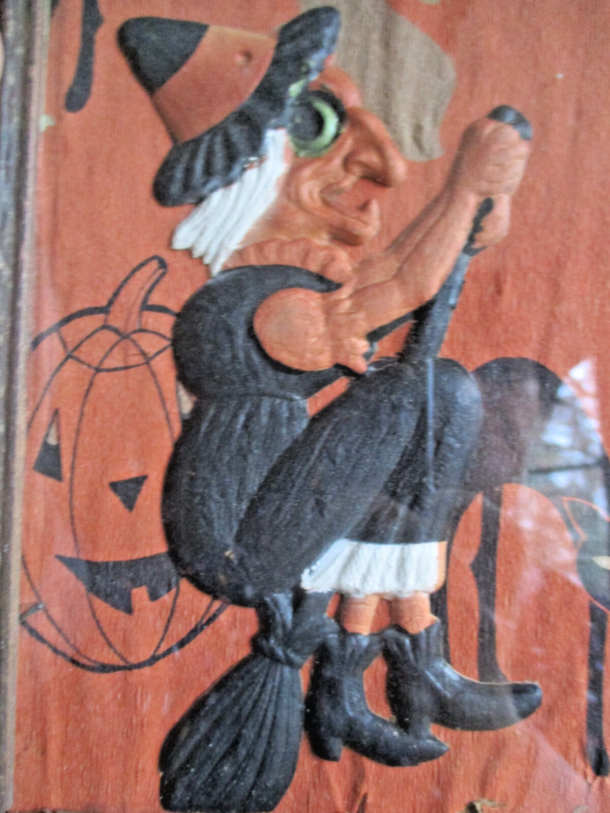 Vtg RARE Halloween German Embossed Die Cut WITCH on BROOM  on Crepe Paper