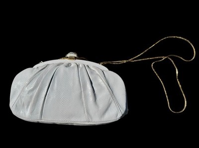 Vtg Judith Leiber White Lizard Karung Clutch Cabochon Shoulder Bag 1980s *As Is