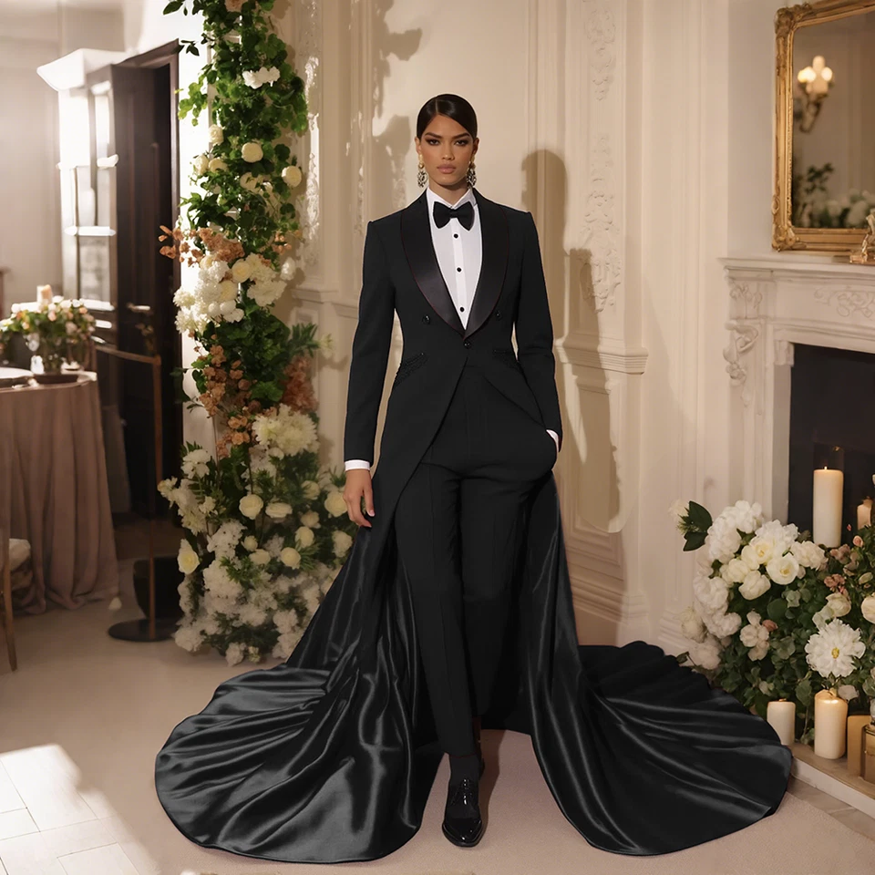 Moda Nuevo Estilo Mujeres Traje Largo Tren Chaqueta Delgada para Boda Banquete 2 Piezas Foto 4 de 4