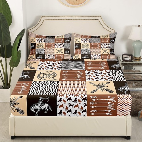 Western Cowboy Bed Sheet Queen Size,Boho Stripes Horse Arrow Print Top Flat S... - Picture 3 of 7