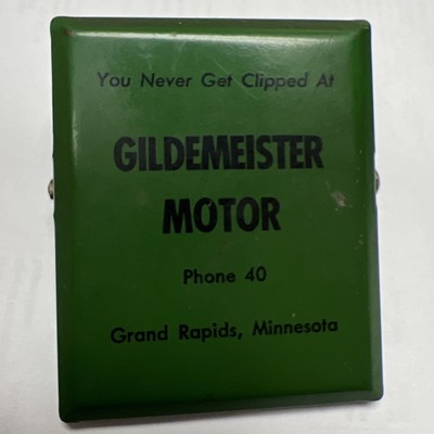 VINTAGE GILDEMEISTER MOTOR GRAND RAPIS MN PHONE 40 METAL CLIP ADVERTISING