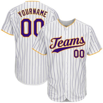 Custom White Purple Pinstripe Baseball Jersey Gold Sport Gift for Him Men