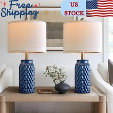 20.5 inches Modern Ceramic Dark Blue Bedside Lamp Set of 2 for Bedroom Decor