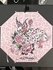 Ed Hardy Gift Box Umbrella Pink Panther Print Skull butterfly Flowers NWT
