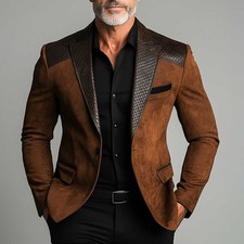 Men s Brown Suede Blazer with Textured Leather Accents Smart Casual Jacket