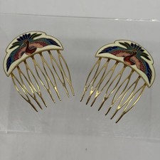 Vtg Cloisonn Peacock Gold Tone Pair Of Hair Combs Enamel Hair Accessories