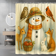 Cute Winter Snowman Shower Curtain with Animals and Basket