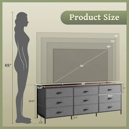 63 Inch Dresser for Bedroom, 13.8"D x 63"W x 26.8"H (9 Drawers) Dark Grey - Image 3 of 4