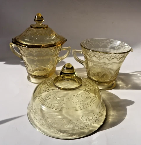 Federal Amber Patrician Spoke Depression Glass Creamer Sugar/Lid & Butter Lid