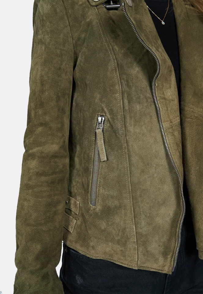 Womens Green Suede Leather Jacket Biker Motorcycle Size S M L XL XXL Custom Made - Image 3 of 4