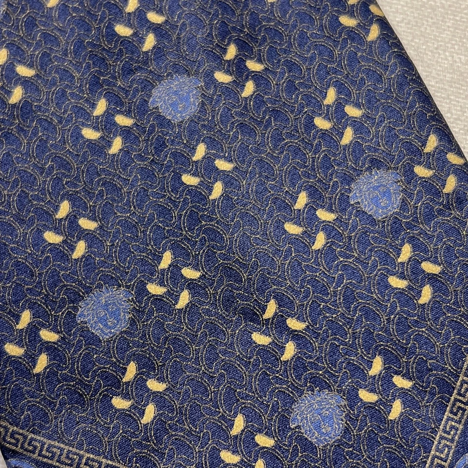 Gianni Versace Vintage 90s Medusa Head Silk Neck Tie Blue Geometric Italian Made - Image 2 of 4
