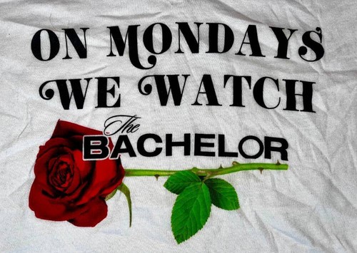 ON MONDAYS WE WATCH THE BACHELOR V-NECK T-SHIRT~WOMENS S (4/6)~ROSE~NWT - Picture 2 of 3
