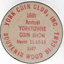 1977, York Pennsylvania Coin Club 16th Annual Show, Token, RED Wooden Nickel