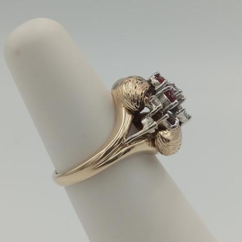 Designer HL Mfg 14K Yellow Gold Round Diamond & Ruby Knot Cocktail Ring Size 4.5 - Picture 5 of 12