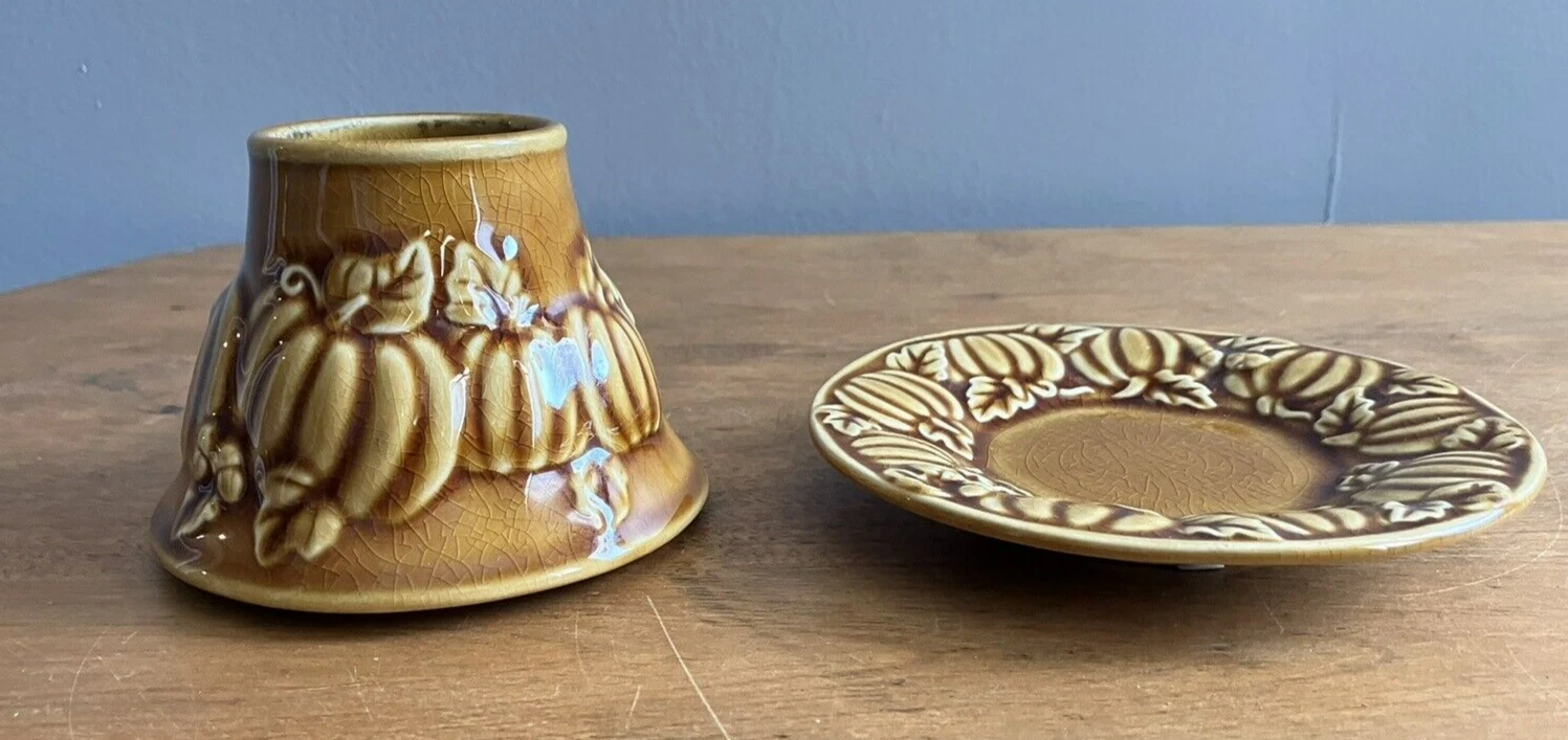 Small Ceramic Yankee Candle Jar Shade Topper & Matching Plate Harvest Pumpkins