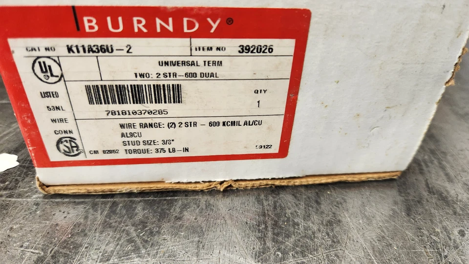 Burndy K11A36U-2 (2) 2 STR-600 Dual 3/8-Stud Aluminum Lug Terminal. NEW IN BOX - Image 2 of 4