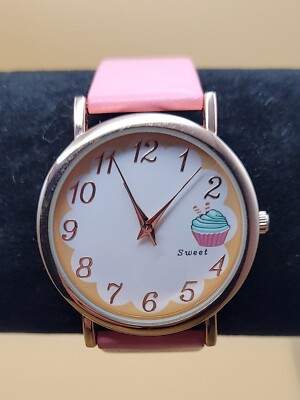 BWC ''SWEET'' Cupcake Analog Watch w/Pink Band & Gold Tone Case ***WORKING***