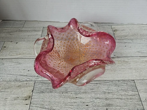 Vintage Art Glass Cigar Ashtray Trinket Dish Murano Pink with Gold flecks