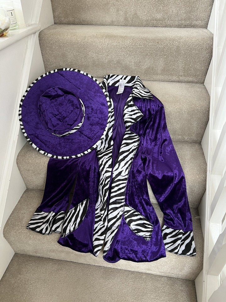 Men`s Purple PIMP DADDY Fancy Dress Costume + Hat Velvet Suit *WORN