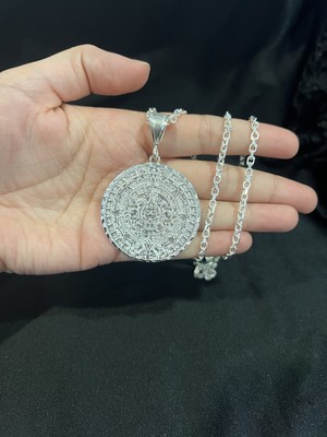 925 Sterling Silver Diamond Cut Aztec Mayan Calendar & Oval Forz Chain 22 26 30