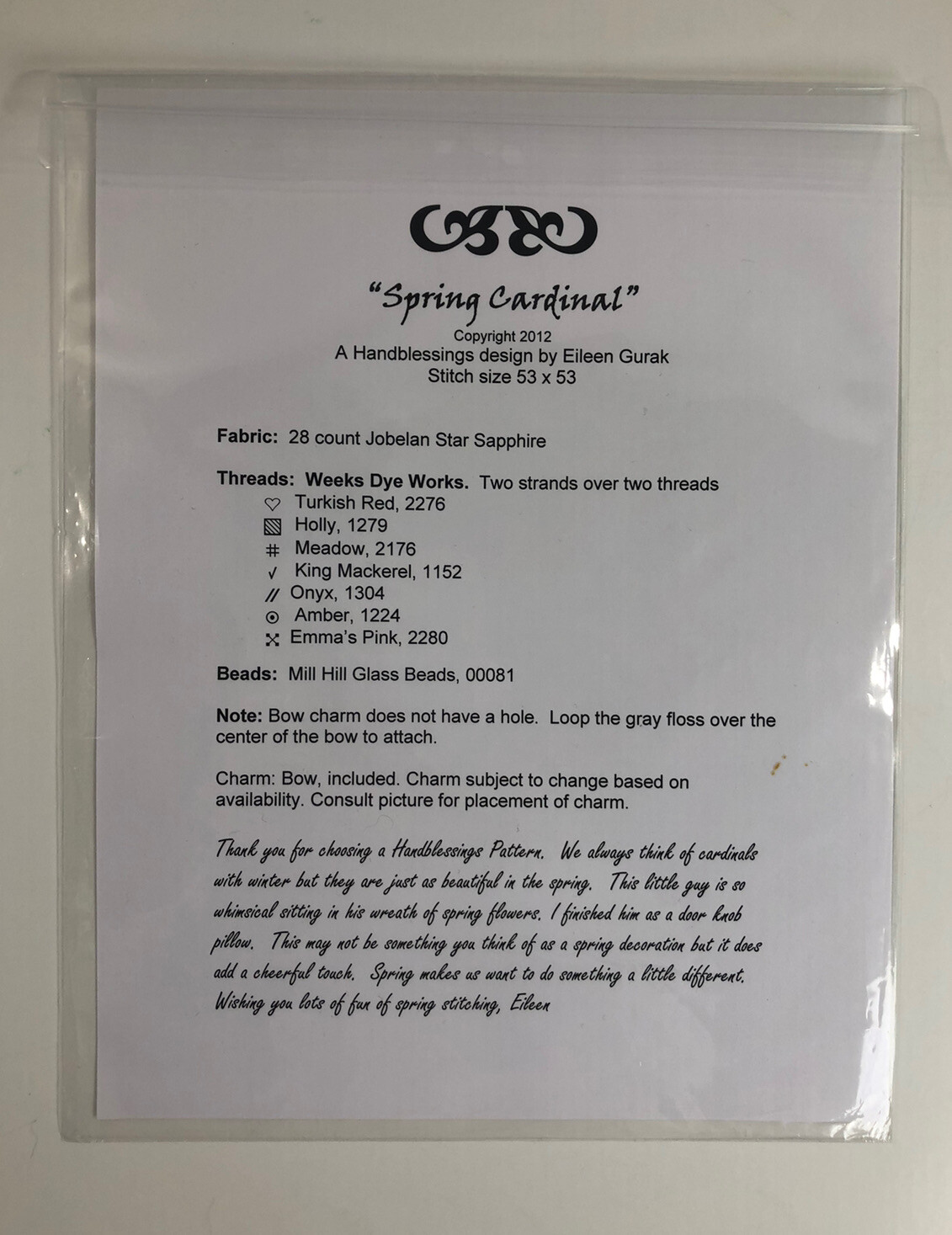 Handblessings Eileen Gurak Spring Cardinal Cross Stitch Chart With