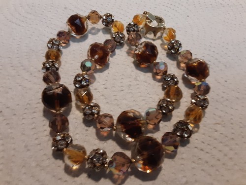 VINTAGE CRYSTAL NECKLACE RHINESTONE BEADS AMBER & BROWN CRYSTAL BEADS 21" L