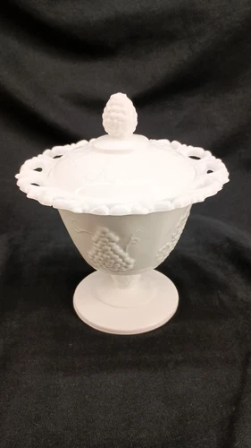 Vintage Indiana Glass Open Lace Milk Glass Harvest Grape Footed Compote & Lid