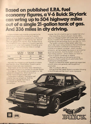 1975 Buick Skylark PRINT AD EPA Fuel Economy Tests VTG 1970s GM V-6