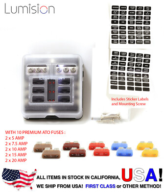 6 Way Port 12V-24V DC ATO Fuse Block Weather Proof Holder w/ Negative RV BOAT