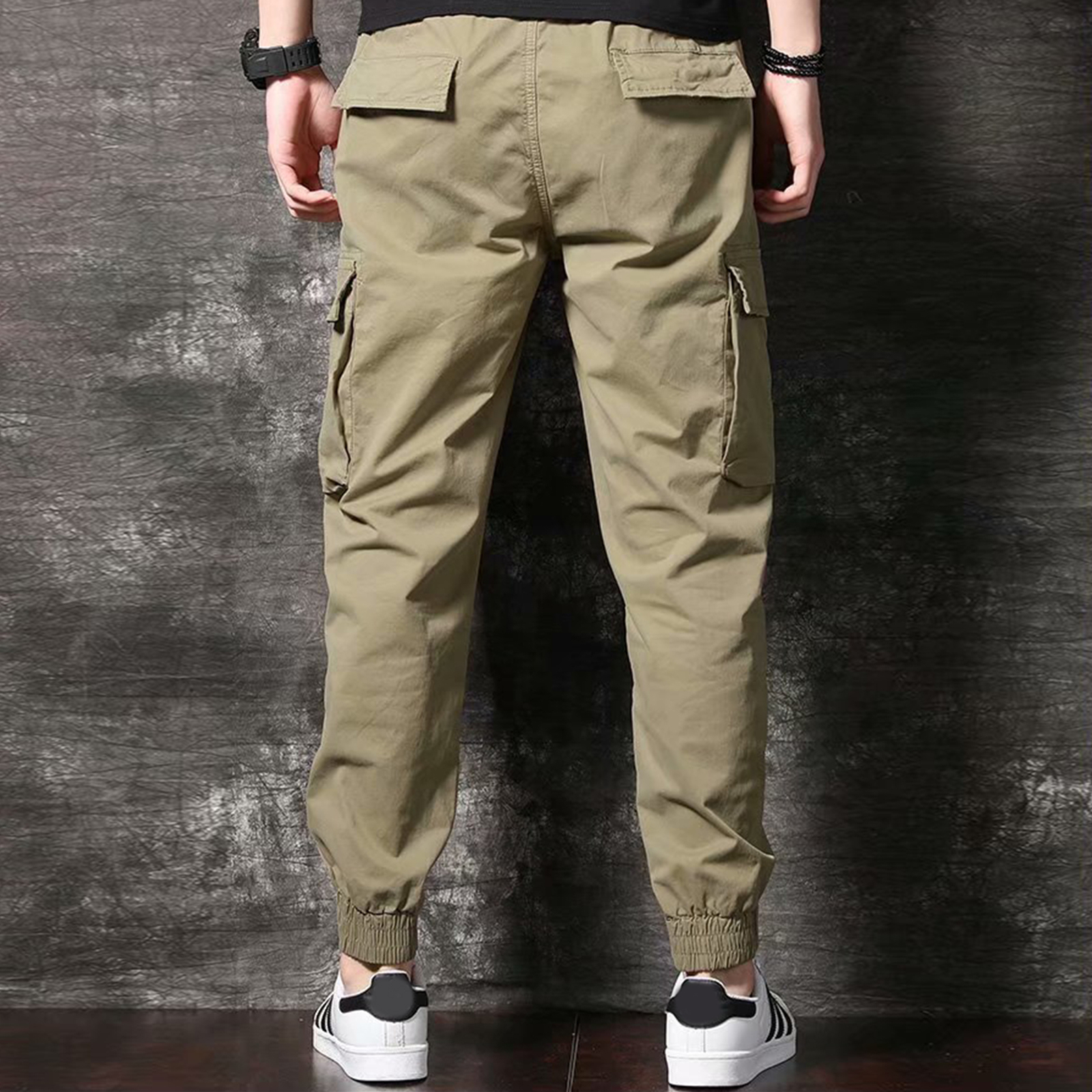Men Cargo Pants Elastic Waist Dressing Relaxed Fit Laceup Cargo Pants