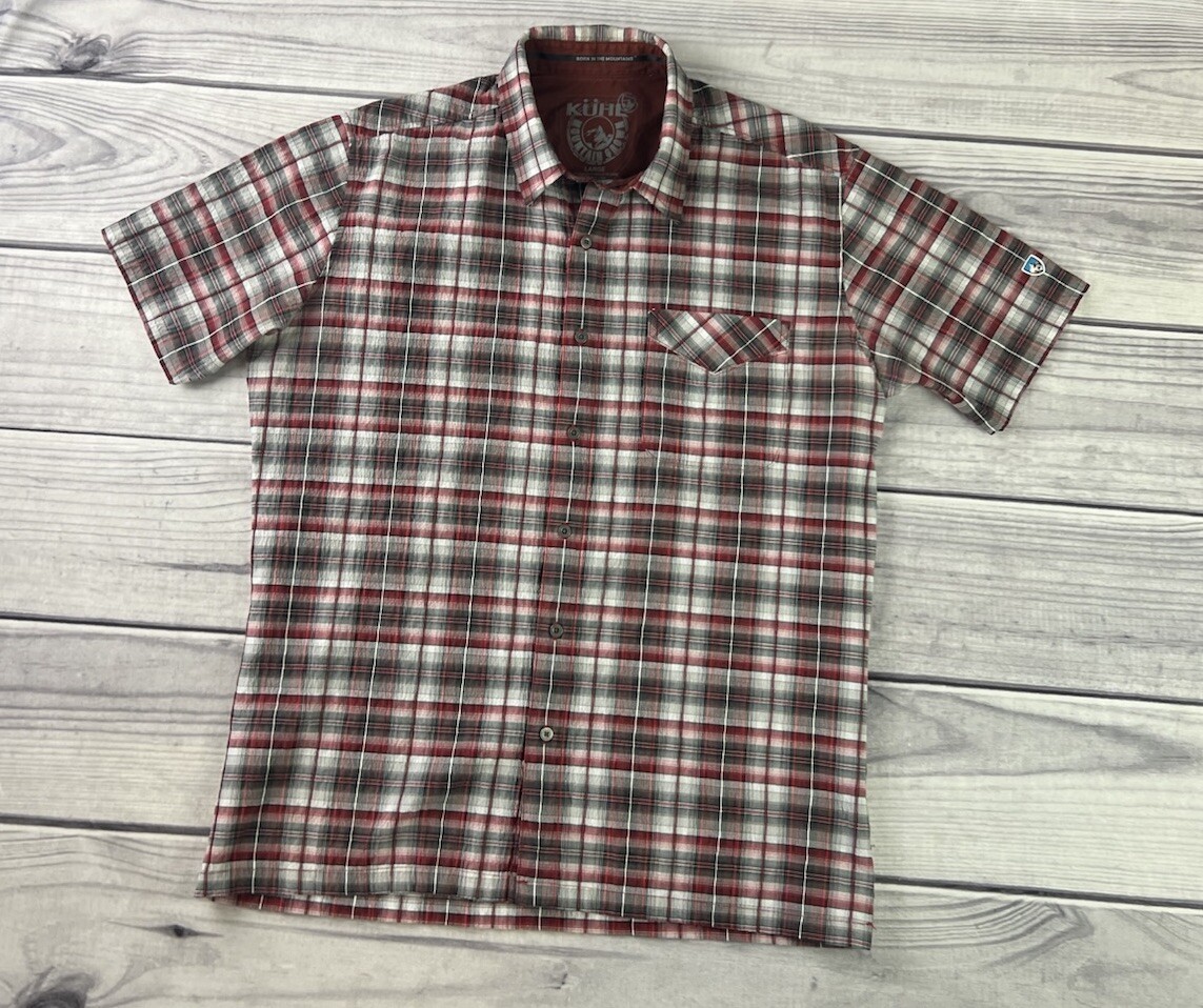 Kuhl Mens L Short Sleeve Button Shirt Red/Gray Plaid Hiking Textured