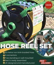 25M 2-in-1 Garden Thru Feed Hose Pipe Reel & Fittings Freestanding & Wall Mount