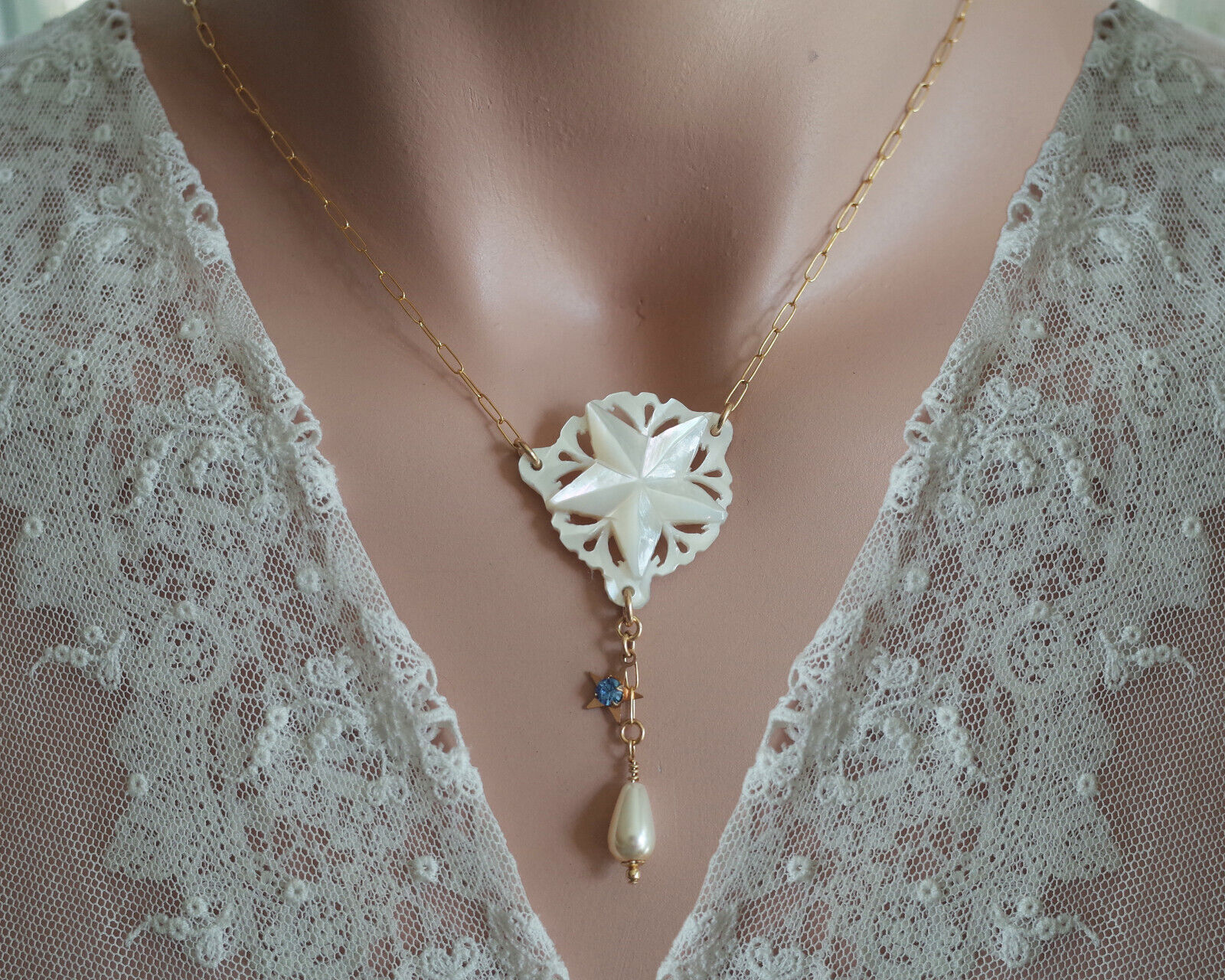 Carved Mother of Pearl Star Necklace Star Charm T… - image 6