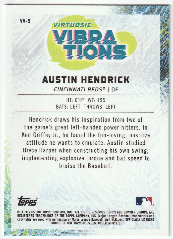 Austin Hendrick 2022 Bowman Chrome Virtuosic Vibrations #VV-9 Reds Prospect (B) - Image 2 of 2