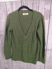 Old Navy Sweater Women’s Large Green Wool Angora Rabbit Cable Knit V-Neck
