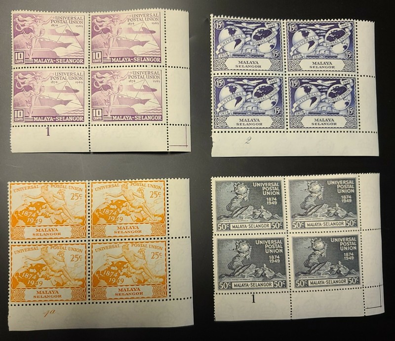 MALAYA-SELANGOR 1949 KGVI UPU SET 75th Sc 76-79. SG 111-114 PLATES 1 & 2 MINT NH