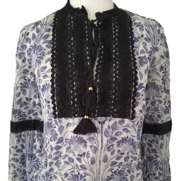 Top tunica nappe Tory Burch Gracelynn blu Jay Nerina nuovo con etichette taglia 10 prezzo al pubblico consigliato $275