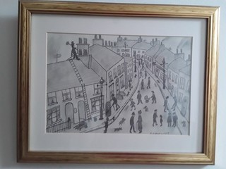 L S Lowry signed pencil sketch