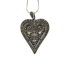 Vintage DCM Pendant Necklace Sterling Silver Marcasite Heart Silver Tone Chain