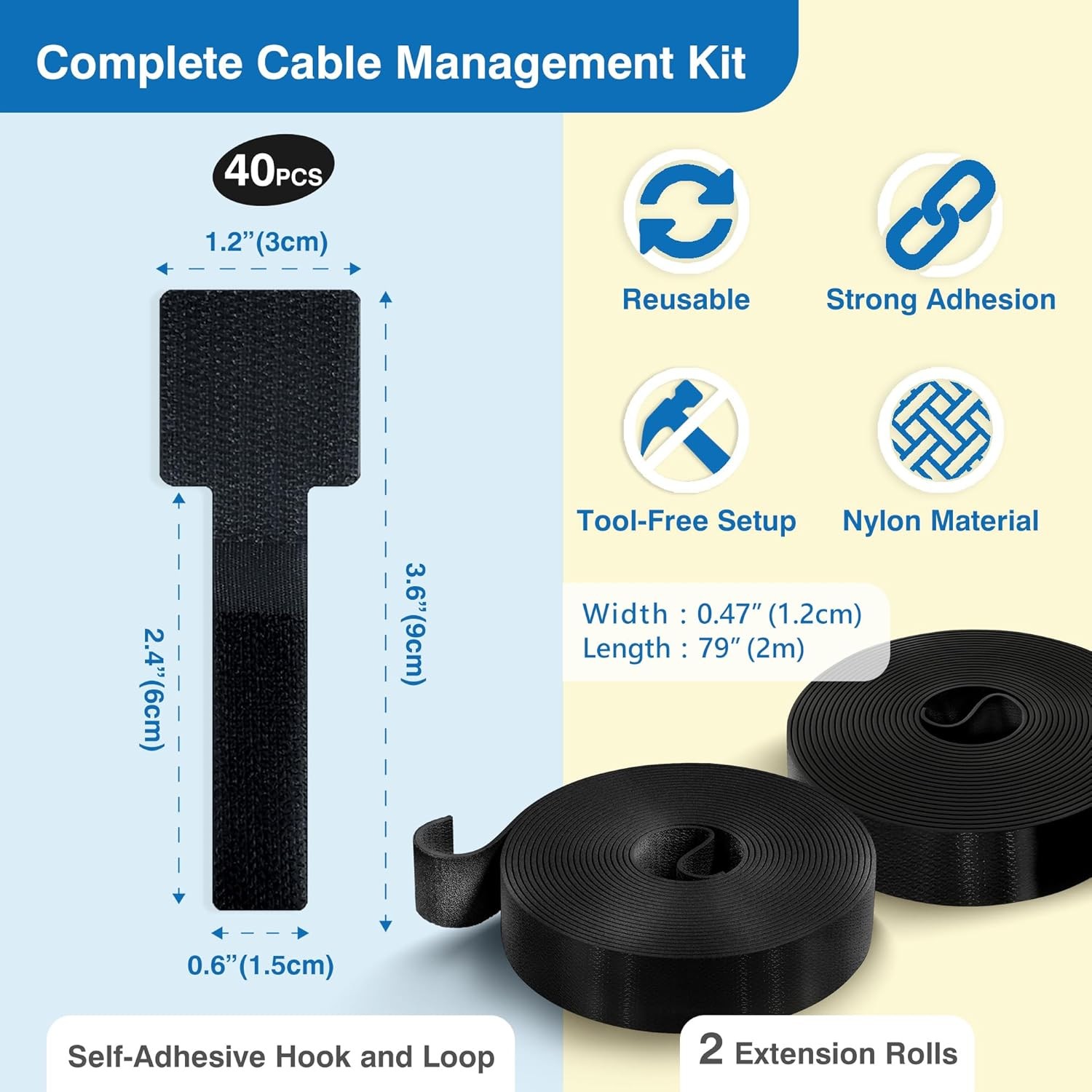 40 Pc Self Adhesive Cable Management Kit Black