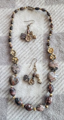 Leopard Skin Jasper Love Heart Necklace Earrings Flowers Pink Brass Bead Set