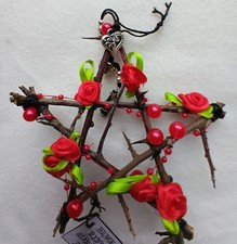 Blackthorn spiky stick pentacle, heart, red roses, tourmaline, gift/pagan/magick