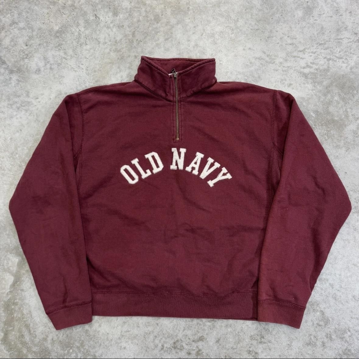 Vintage Old Navy Sweatshirt Mens Large 1/4 zip Maroon Fleece Logo Pullover 90s