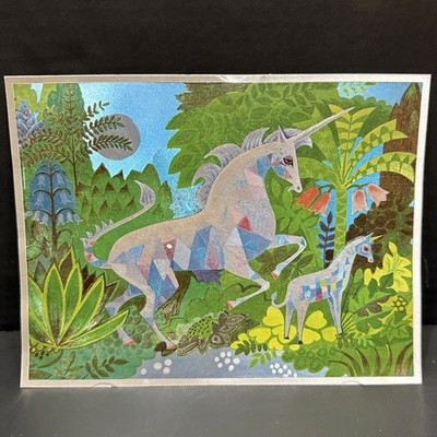 VTG Dufex Foil Print Unicorn Mama & Baby Under Moon Metallic Fantasy Whimsical