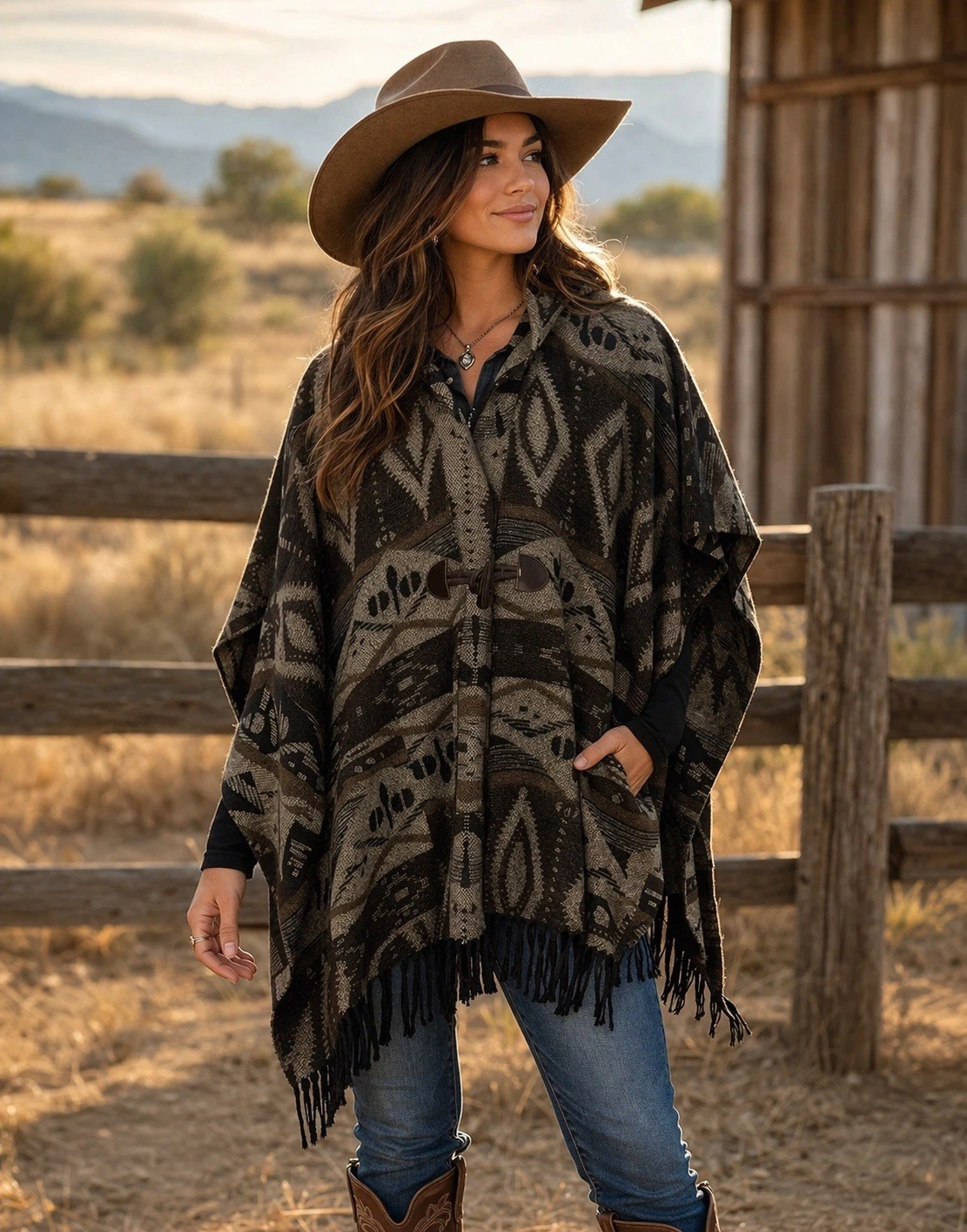 Jolt Hooded Southwestern Pattern Poncho with Toggle Closure