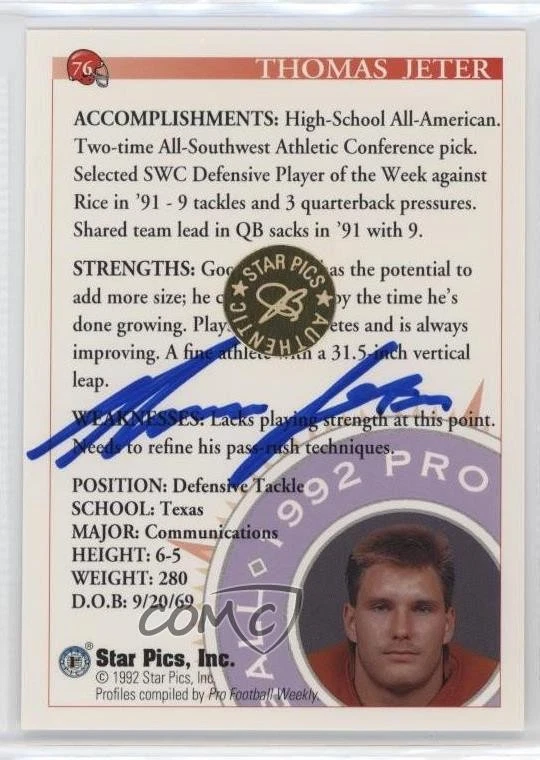 1992 Star Pics Auto Tommy Jeter #76 Rookie Auto RC - Image 2 of 2