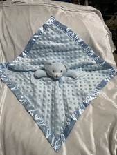 Blue Minky Dot Bear Baby Security Blanket Satin Back Stitched Face Bow